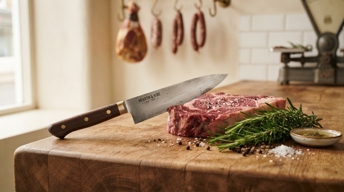 Tradicionalni mesarski zanat — nož, drvena daska i sveže začinsko bilje
